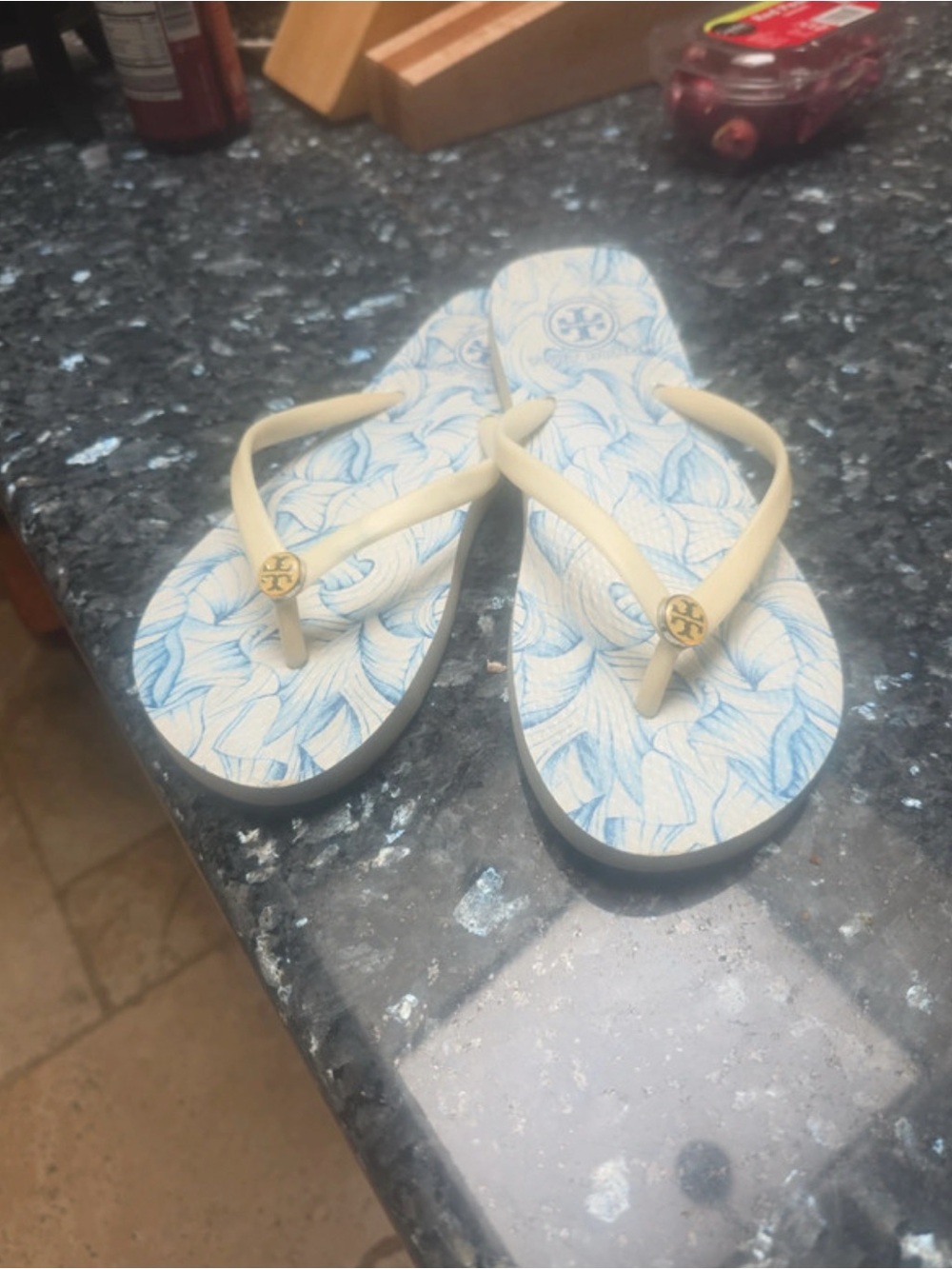 Tory Burch Cream Strap Flip Flops with Blue Floral Footbed